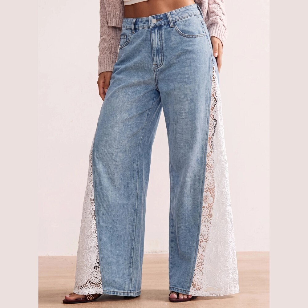 Light Wash Lace Panel Wide Leg Denim Jeans
